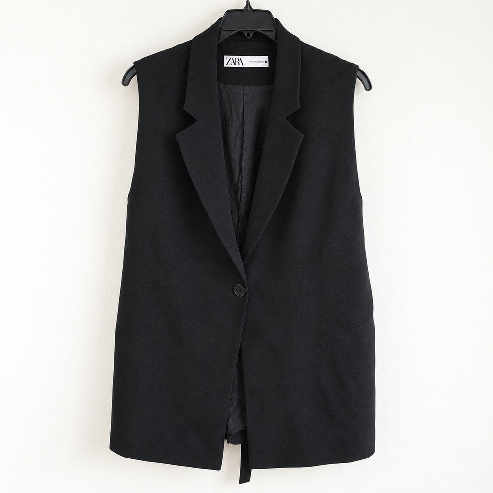 Zara Womens Black Sleeveless Blazer Vest Open Back Tie Size XL